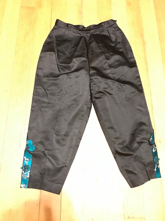 Early 60s Black Silk Capri Pants with Turquoise Ac