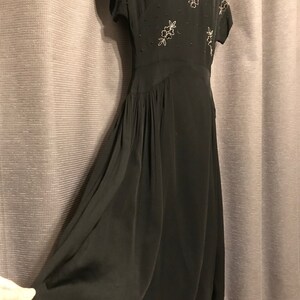 Beautiful Full Skirted 40s Black Rayon Crepe Gown with Floral Beadwork Bodice, Neck and Side Zips, Cap Sleeves, Shoulder Pads - Small image 6