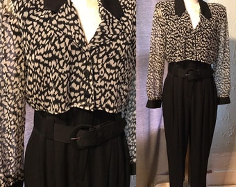 80s Jumpsuit by &quot;Menu&quot; in Black with Sheer Animal Print Overlay Blouse and Black Belt/ One-Piece Catsuit Romper 80s 90s - Medium