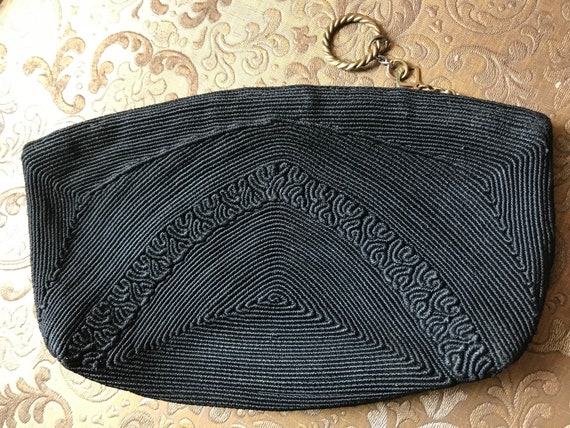 40s Black Cordé Clutch Purse with Gold Tone Pull … - image 8