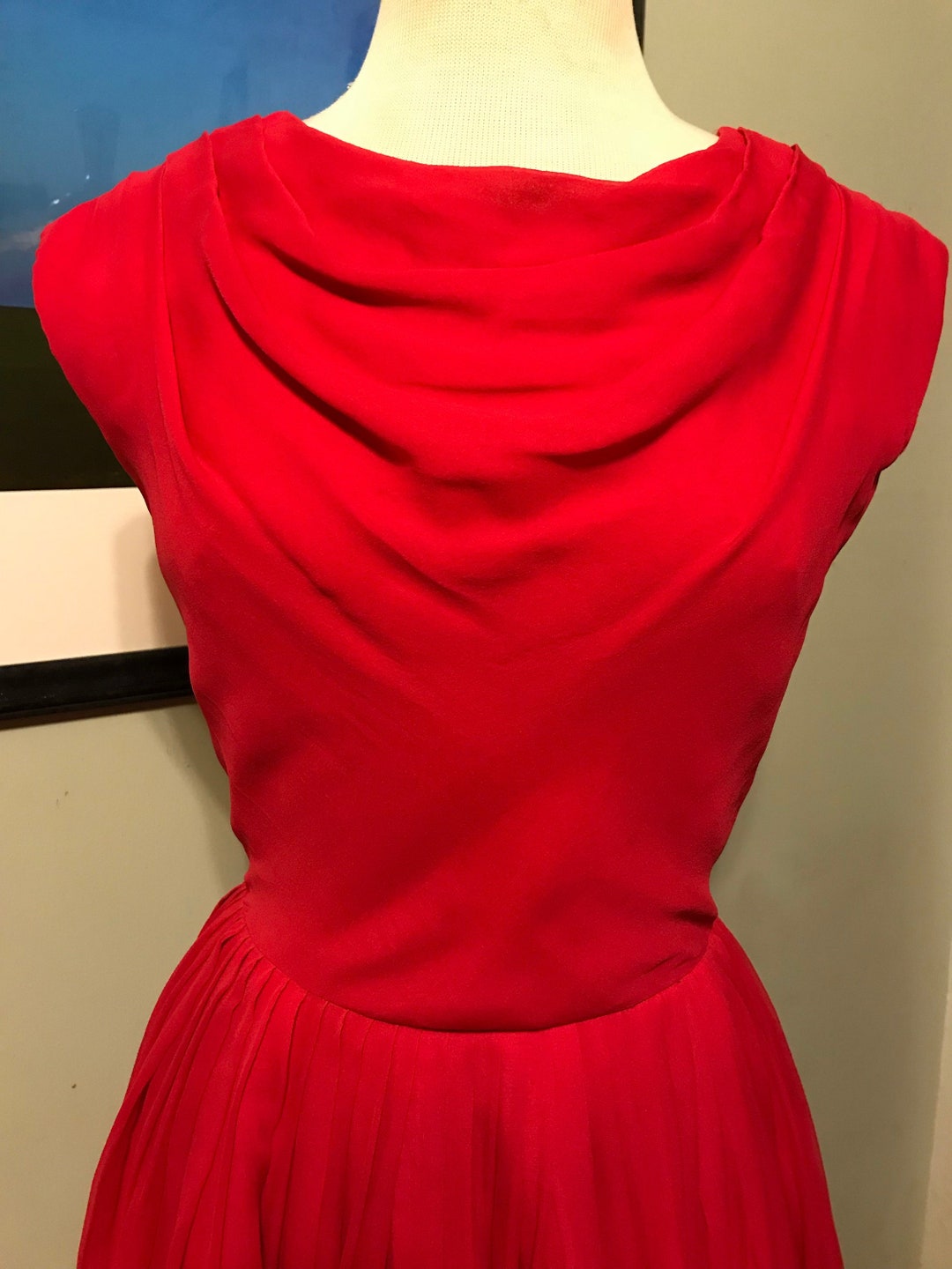 1960s Red Pleated Chiffon Dress by Miss Elliette | S/M