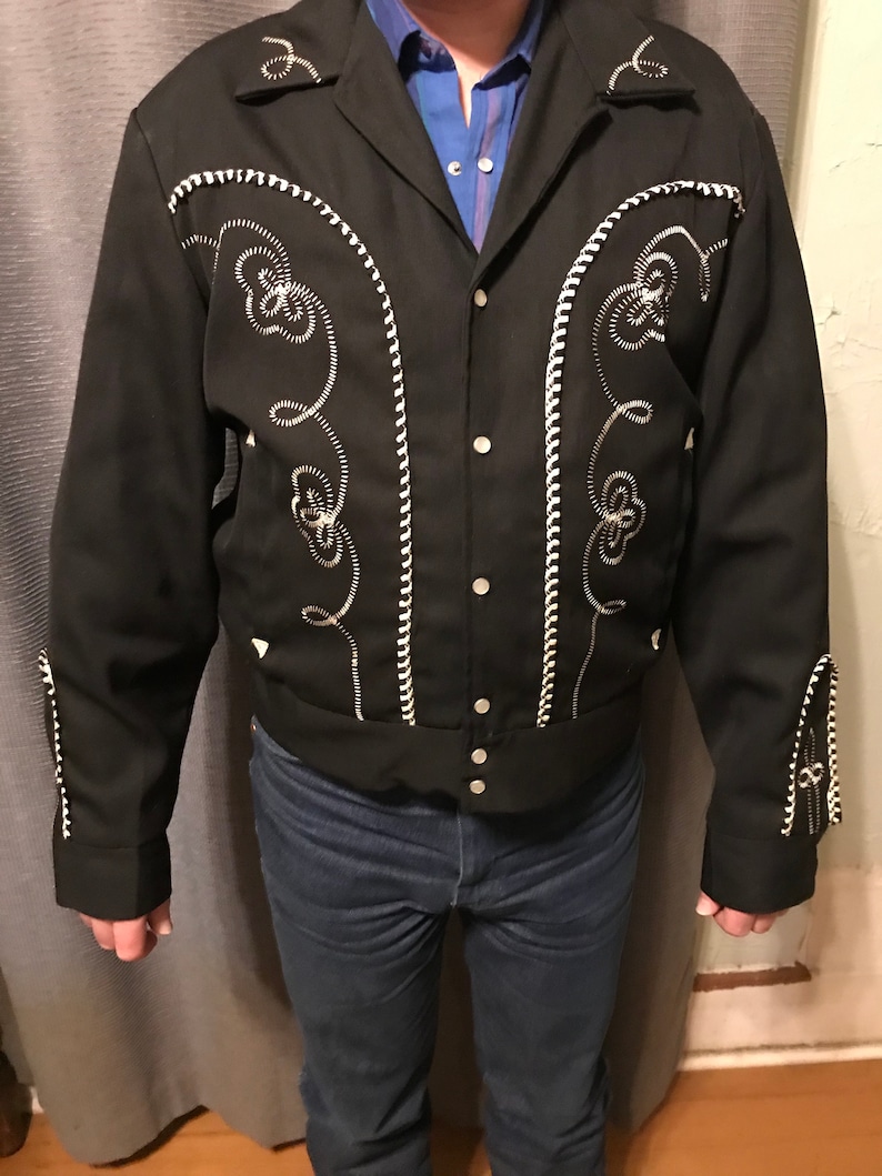 Embroidered Trim Accents Black with White Trim VLV Viva Las Vegas XL 60s H Bar C Western Rockabilly Ricky Jacket with Pearl Snaps