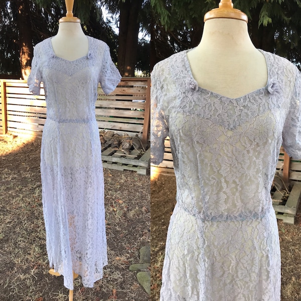 Pale Lilac Late 40s - Early 50s Lace Over Dress, Sweetheart Neckline,  Bridesmaid or Mother of the Bride, will need a slip! Fade at Hem- M/L