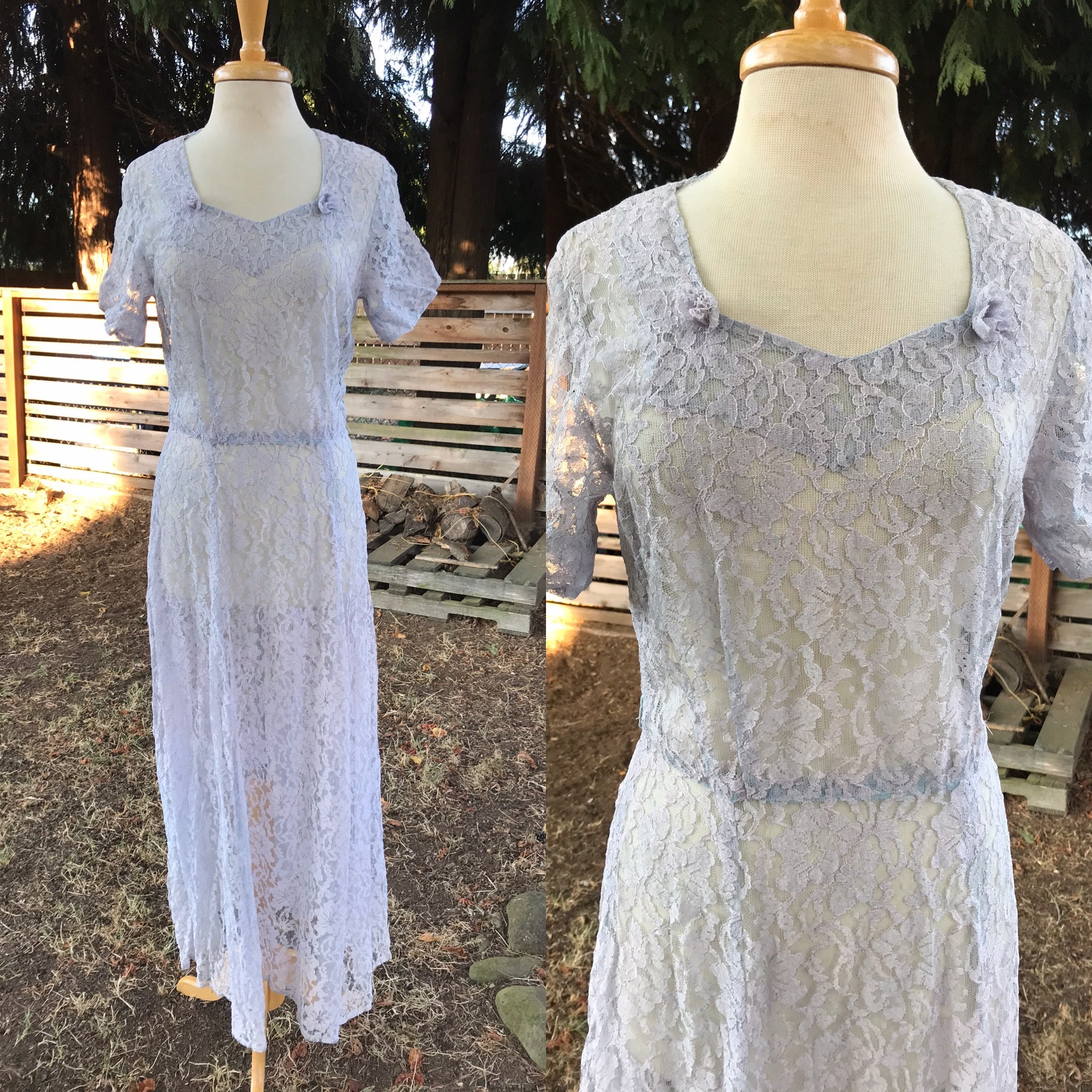 Pale Lilac Late 40s Early 50s Lace Over Dress, Sweetheart Neckline 