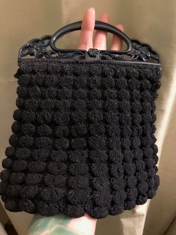 Early 40s "Popcorn" Corde Knit Purse in Navy Blue… - image 1