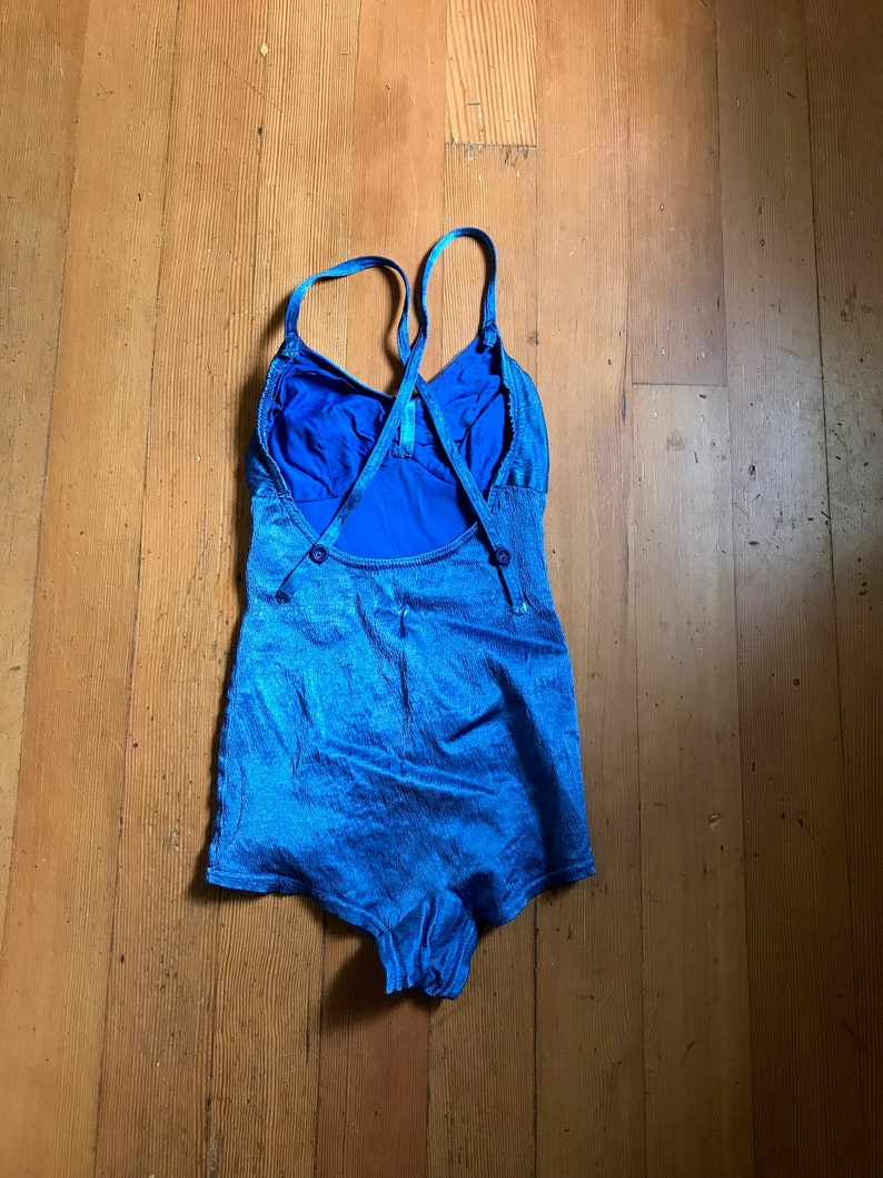 Gorgeous, As-Is, 1930s Blue Satin Lastex One-Piece Swimsuit with Gathered Bust Detail, Skirted Bottom, Halter Straps XS image 6