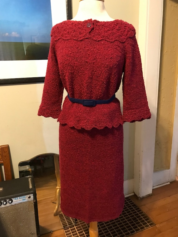 Saturated Cranberry 60s Acrylic Boucl Knit Sweater Dress Set/skirt and 3/4  Sleeve Sweater Blouse Top, Adjustable Stretch Waist - Med/large - Etsy