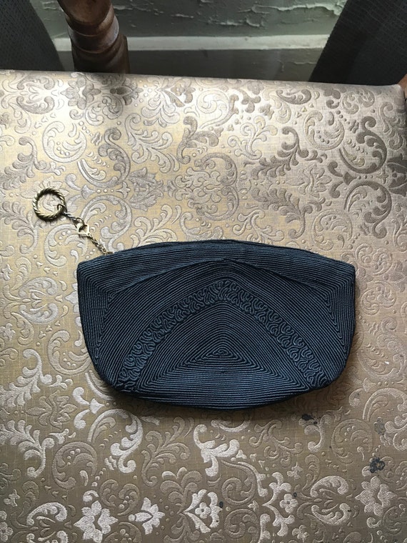 40s Black Cordé Clutch Purse with Gold Tone Pull … - image 2