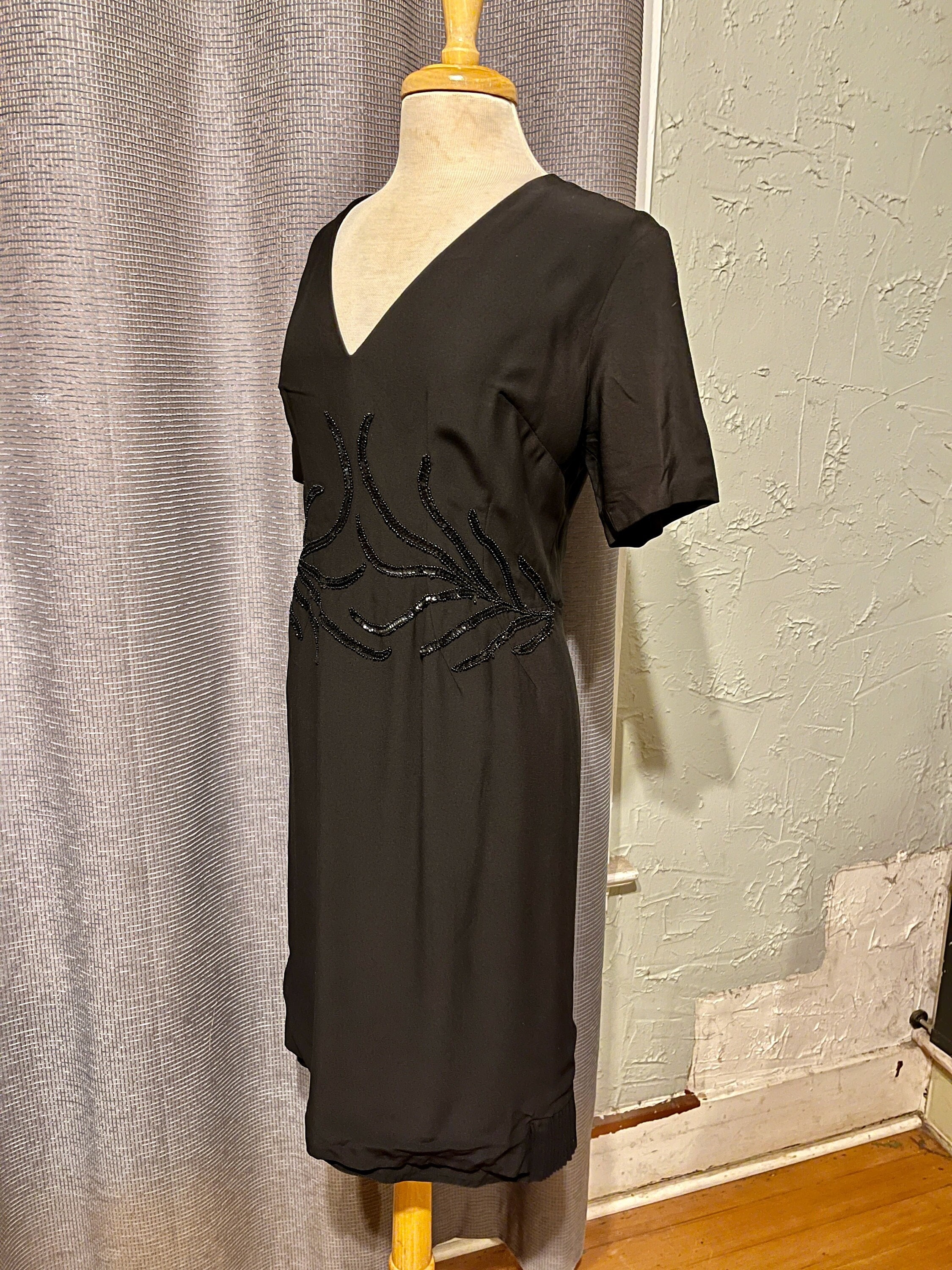LBD 50s V neck Black Wiggle Dress With Draped Rear Peplum train and Gorgeous Sequined and Beaded Bodice Large 32 Waist VFG Etsy Canada