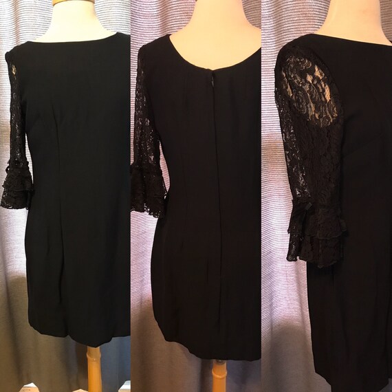 Mid-60s Lace Sleeved Black Wiggle Mini Dress With Bell Sleeves  