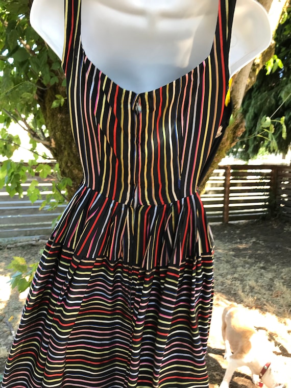 Black 50s Party Dress with Rainbow Color Silk Rib… - image 3