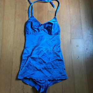 Gorgeous, As-Is, 1930s Blue Satin Lastex One-Piece Swimsuit with Gathered Bust Detail, Skirted Bottom, Halter Straps XS image 1