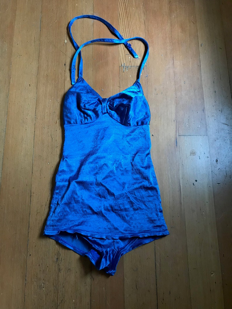 Gorgeous, As-Is, 1930s Blue Satin Lastex One-Piece Swimsuit with Gathered Bust Detail, Skirted Bottom, Halter Straps XS image 1