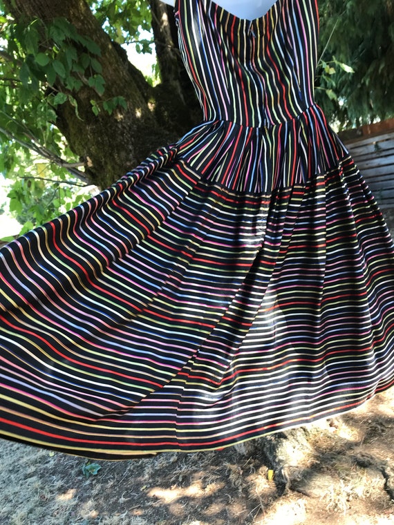 Black 50s Party Dress with Rainbow Color Silk Rib… - image 4