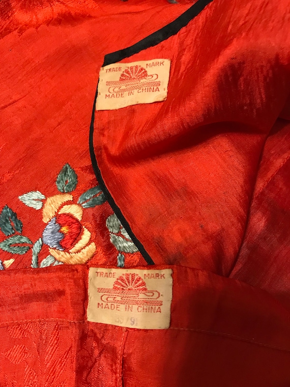 20s Red Pongee Silk Chinese Export Beach Pajamas … - image 9