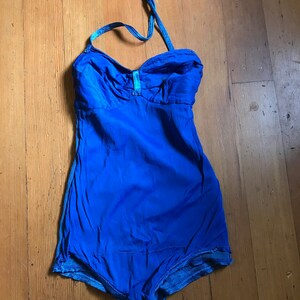 Gorgeous, As-Is, 1930s Blue Satin Lastex One-Piece Swimsuit with Gathered Bust Detail, Skirted Bottom, Halter Straps XS image 8