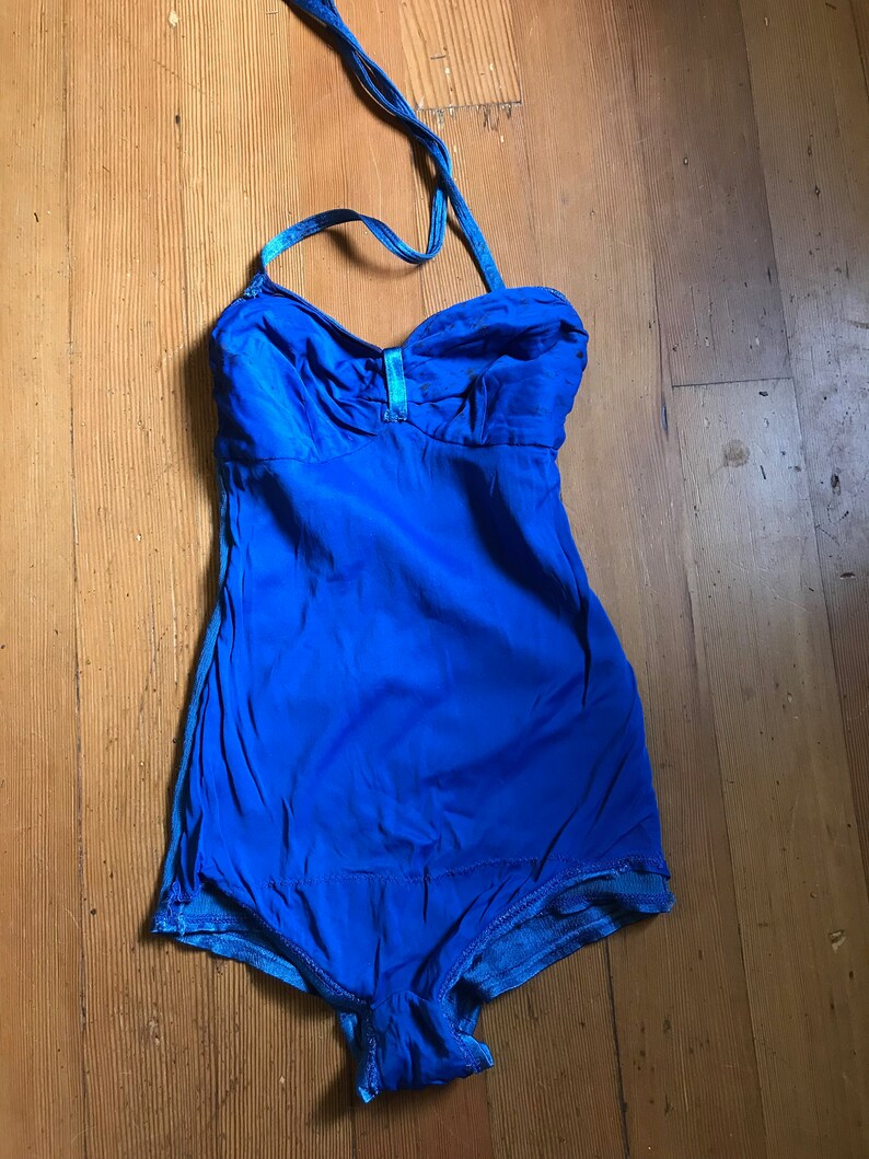 Gorgeous, As-Is, 1930s Blue Satin Lastex One-Piece Swimsuit with Gathered Bust Detail, Skirted Bottom, Halter Straps XS image 8