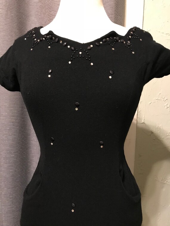 Black Knit Wool/Acrylic 50s Wiggle Dress with Pron