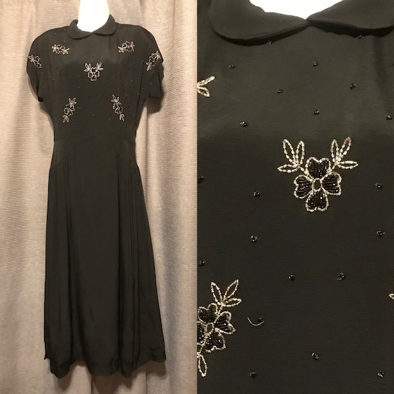 Beautiful Full Skirted 40s Black Rayon Crepe Gown with Floral Beadwork Bodice, Neck and Side Zips, Cap Sleeves, Shoulder Pads - Small