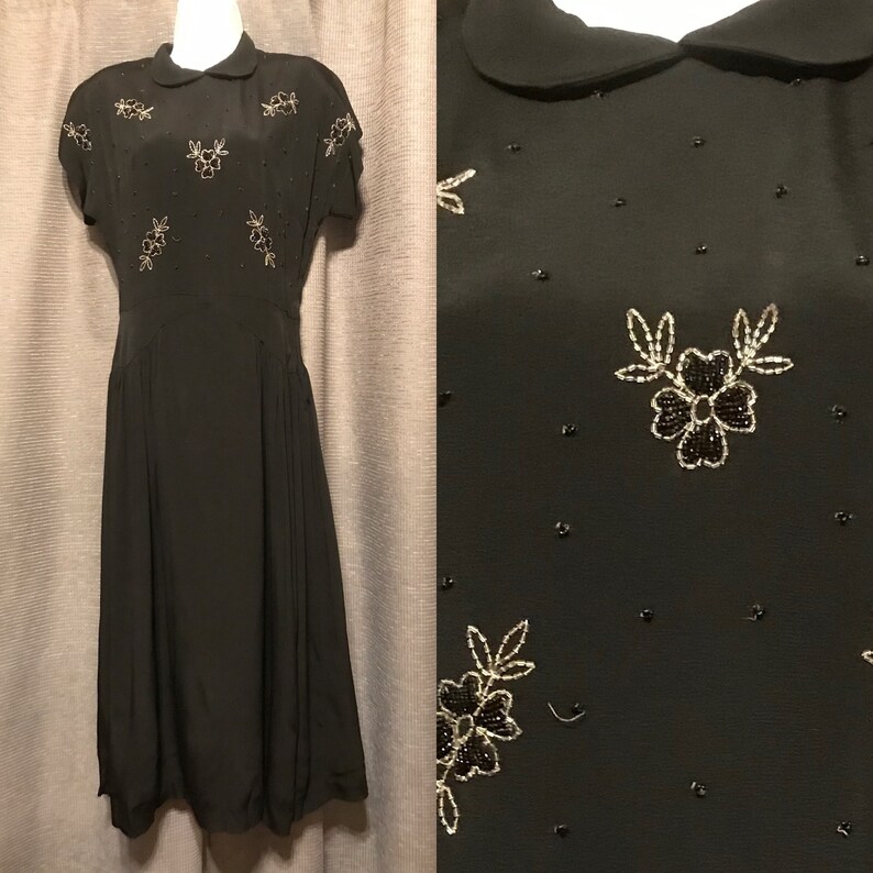 Beautiful Full Skirted 40s Black Rayon Crepe Gown with Floral Beadwork Bodice, Neck and Side Zips, Cap Sleeves, Shoulder Pads - Small image 1