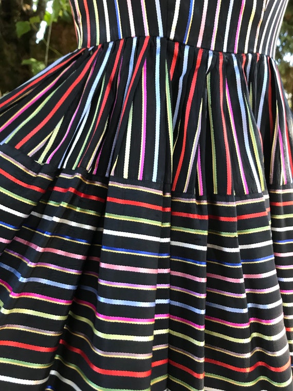 Black 50s Party Dress with Rainbow Color Silk Rib… - image 6