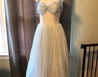 Icey Blue 1950s Disney Princess Prom Formal Full Length Gown With Tulle and Rhinestone Halter Neck/Cupcake Dress - XXS XS - VFG