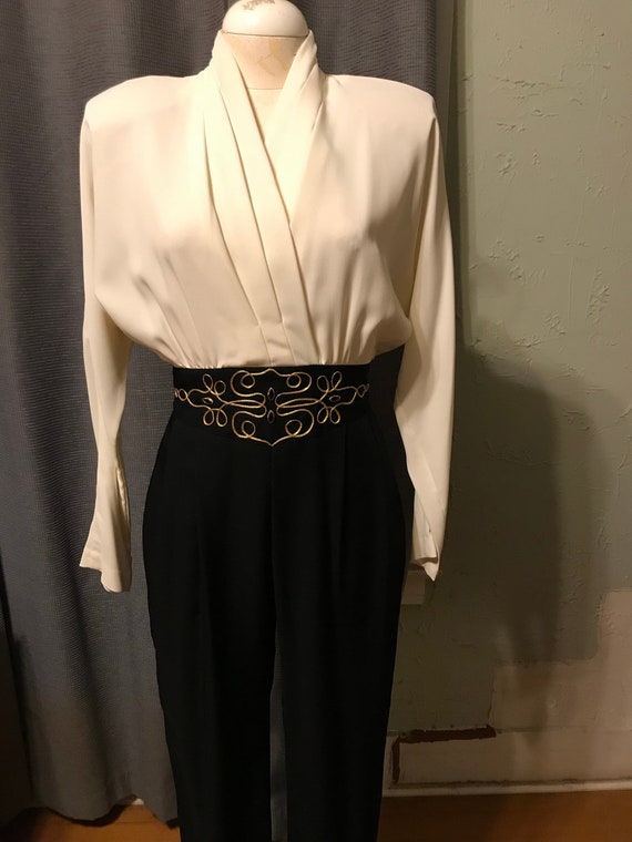 80s Black and Ivory Jumpsuit with Gold Trim by Jo… - image 2