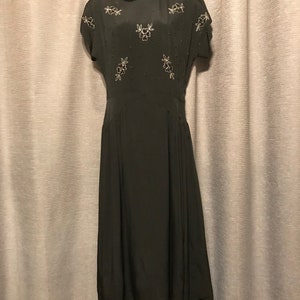 Beautiful Full Skirted 40s Black Rayon Crepe Gown with Floral Beadwork Bodice, Neck and Side Zips, Cap Sleeves, Shoulder Pads - Small image 2