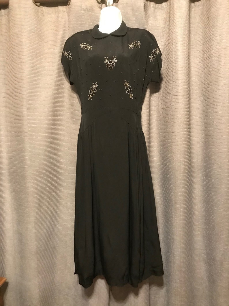 Beautiful Full Skirted 40s Black Rayon Crepe Gown with Floral Beadwork Bodice, Neck and Side Zips, Cap Sleeves, Shoulder Pads - Small image 2