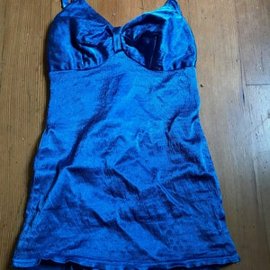 Gorgeous, As-Is, 1930s Blue Satin Lastex One-Piece Swimsuit with Gathered Bust Detail, Skirted Bottom, Halter Straps XS image 2