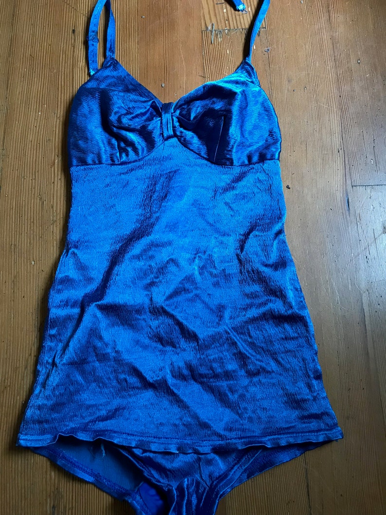 Gorgeous, As-Is, 1930s Blue Satin Lastex One-Piece Swimsuit with Gathered Bust Detail, Skirted Bottom, Halter Straps XS image 2