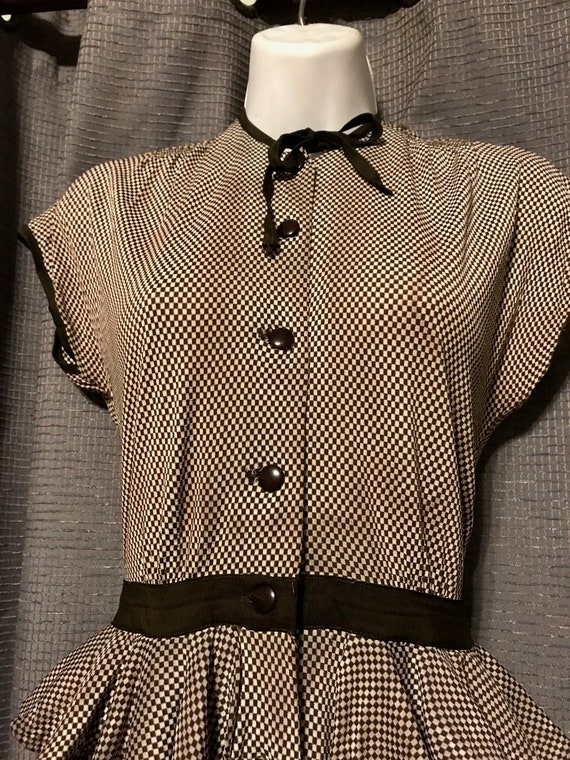 Brown and White Checked 40s Button Down Dress wit… - image 3
