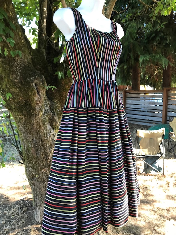 Black 50s Party Dress with Rainbow Color Silk Rib… - image 1
