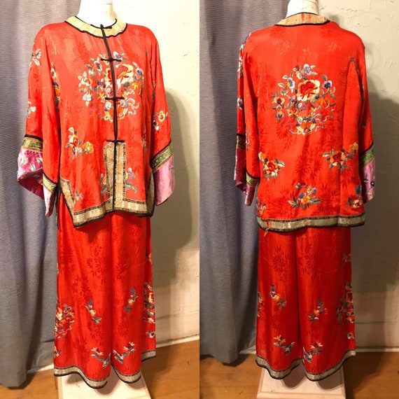 20s Red Pongee Silk Chinese Export Beach Pajamas … - image 1