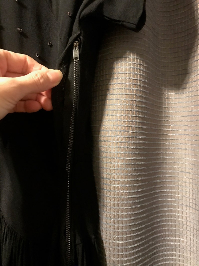 Beautiful Full Skirted 40s Black Rayon Crepe Gown with Floral Beadwork Bodice, Neck and Side Zips, Cap Sleeves, Shoulder Pads - Small image 8