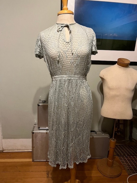 Beautiful Feminine 1930s Crochet Dress in Pale Sea