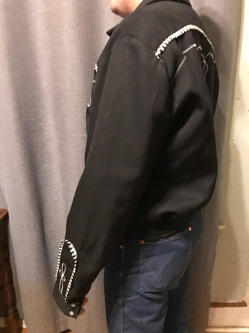 Embroidered Trim Accents Black with White Trim VLV Viva Las Vegas XL 60s H Bar C Western Rockabilly Ricky Jacket with Pearl Snaps