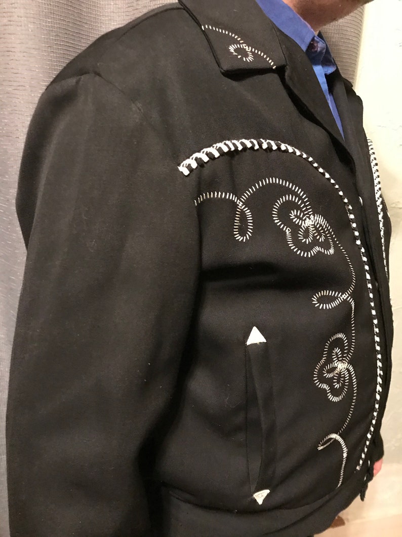 Embroidered Trim Accents Black with White Trim VLV Viva Las Vegas XL 60s H Bar C Western Rockabilly Ricky Jacket with Pearl Snaps