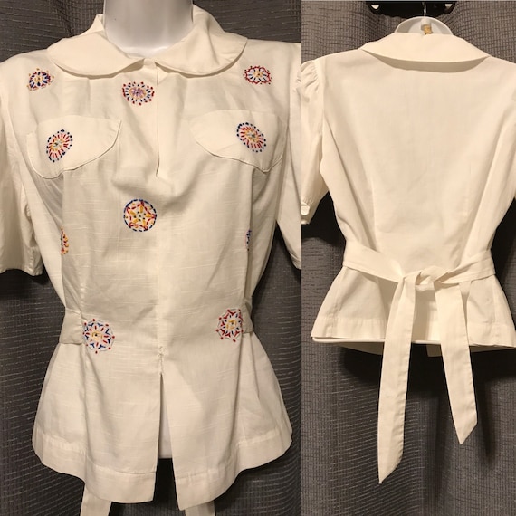 30s Puff Sleeve White Cotton Tie-Back Blouse with