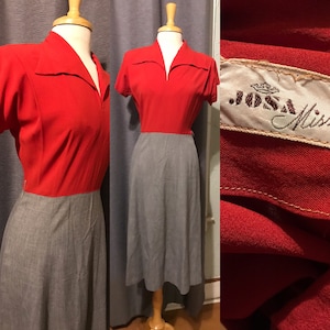1940s Josa Miss COLOR BLOCK Red Rayon with Cotton Grey Tiny Checked Plaid Skirt, Shoulder Pads, Side Zipper, Short Sleeves - Small