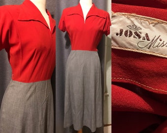 1940s Josa Miss COLOR BLOCK Red Rayon with Cotton Grey Tiny Checked Plaid Skirt, Shoulder Pads, Side Zipper, Short Sleeves - Small