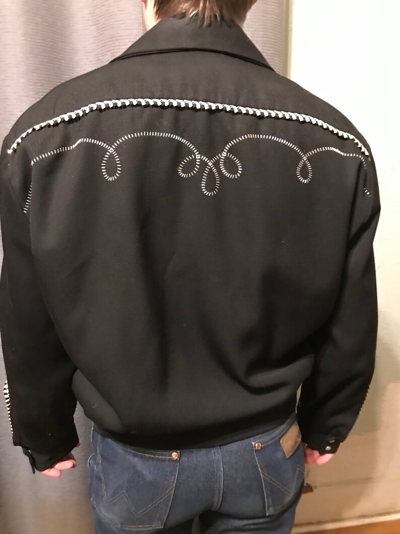 Embroidered Trim Accents Black with White Trim VLV Viva Las Vegas XL 60s H Bar C Western Rockabilly Ricky Jacket with Pearl Snaps