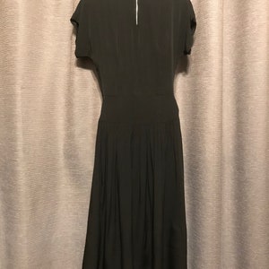 Beautiful Full Skirted 40s Black Rayon Crepe Gown with Floral Beadwork Bodice, Neck and Side Zips, Cap Sleeves, Shoulder Pads - Small image 4