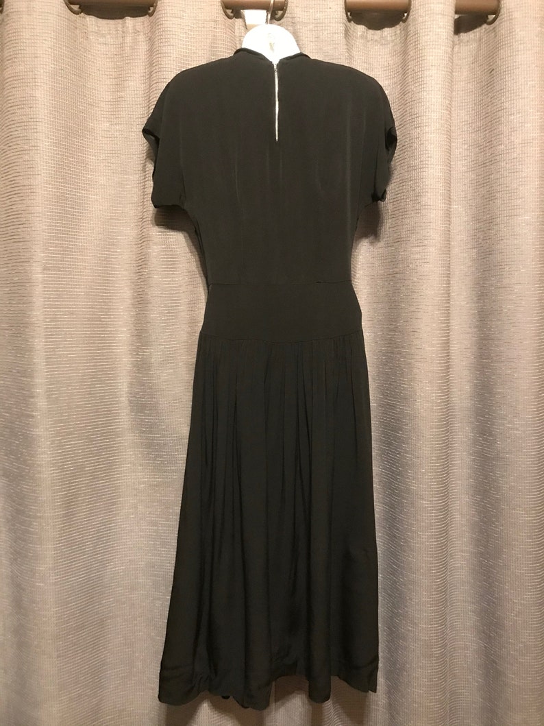 Beautiful Full Skirted 40s Black Rayon Crepe Gown with Floral Beadwork Bodice, Neck and Side Zips, Cap Sleeves, Shoulder Pads - Small image 4