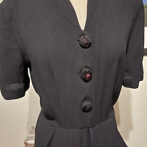 40s Black Rayon Crepe Cocktail Dress with Sequin Working Buttons, Draped Skirt, Side Zipper, Shoulder Pads, Sweetheart V-Neck Medium VFG image 1