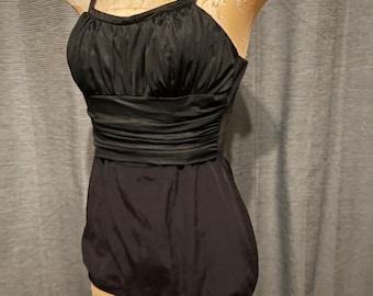 50s Black Sculptured Rose Marie Reid One-Piece Swimsuit with Cummerbund Waist, Convertible Straps, Structured Hourglass Shape - Med - VFG