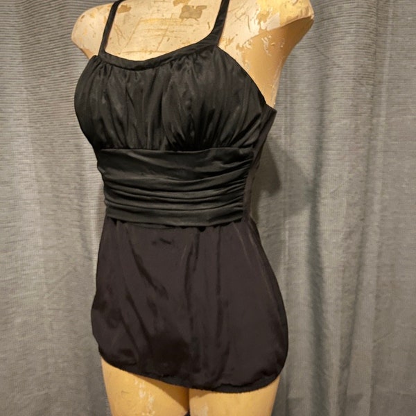 50s Black Sculptured Rose Marie Reid One-Piece Swimsuit with Cummerbund Waist, Convertible Straps, Structured Hourglass Shape - Med - VFG