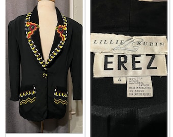 80s Silk, Suede, Beads, Fringe - Blazer by Lillie Rubin for EREZ/Oversized Power Padded Shoulder/Pockets/Colorful Beadwork - Small/Med - VFG