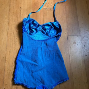 Gorgeous, As-Is, 1930s Blue Satin Lastex One-Piece Swimsuit with Gathered Bust Detail, Skirted Bottom, Halter Straps XS image 7