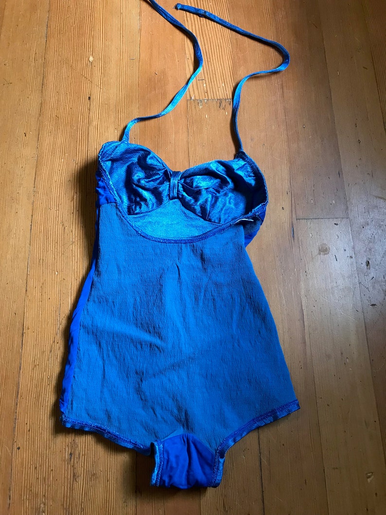 Gorgeous, As-Is, 1930s Blue Satin Lastex One-Piece Swimsuit with Gathered Bust Detail, Skirted Bottom, Halter Straps XS image 7